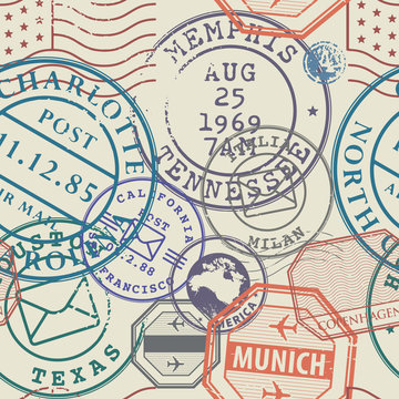 Travel stamps or adventure symbols set, seamless pattern