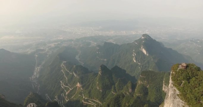 Aerial view of majestic peaks and Tianmen cave of Tianmen mountain national park, Hunan province, China