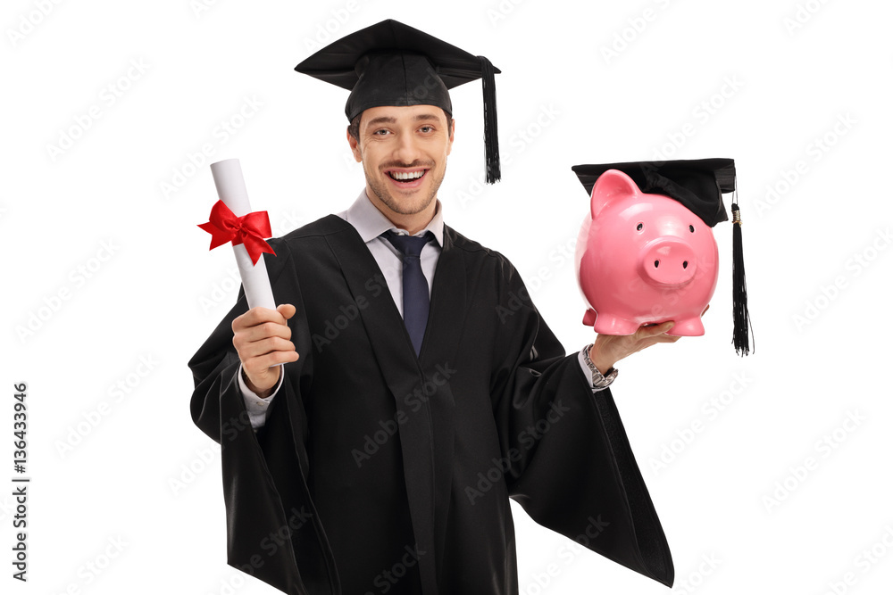 Canvas Prints Joyful graduate student holding a diploma and a piggybank