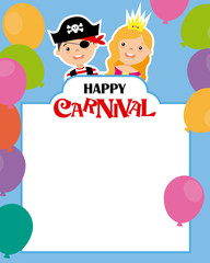 costume party card. Pirate and princess with poster.