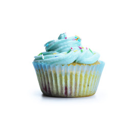 One single cupcake with blue icing isolated on the white background