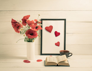Poppies bouquet, Valentine heart, coffee cup, book and frame