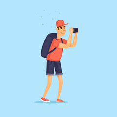 Tourist photographing. Character design. World Travel. Planning summer vacations. Flat design vector illustration.
