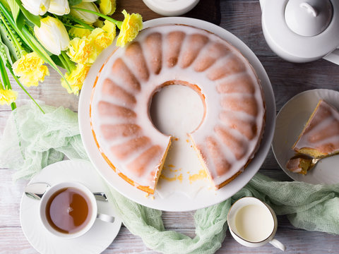 Bundt Cake With Sugar Frosting. Spring Breakfast Set. Easter Festive Treat