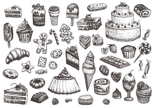 Illustration of cakes, pies, biscuits, ice cream, cookies, sweets and other confectionery products. Hand drawn sketch in vintage style.