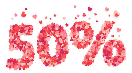 50 percent Valentines Day discount sign made from heart shape pink and red confetti