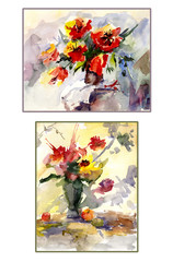 Set of two still lives (colorful flowers in vase). Watercolor painting. Hand drawn.