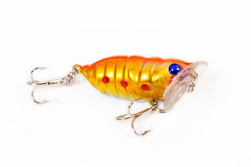 Fishing lure isolated on white. Wobbler in three color. Green, yellow and red colors.