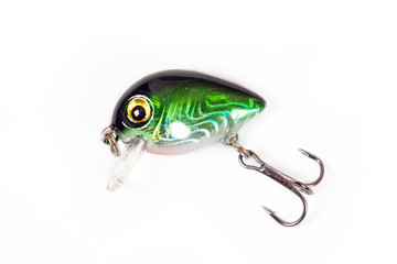 Fishing lure isolated on white. Wobbler in two color. Green and yellow colors.