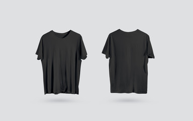 Blank black t-shirt front and back side view, design mockup. Clear plain cotton tshirt mock up template isolated. Apparel store logo branding dress. Crew shirt front and backwards