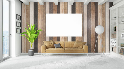 Obraz na płótnie Canvas Modern bright interior with empty frame . 3D rendering