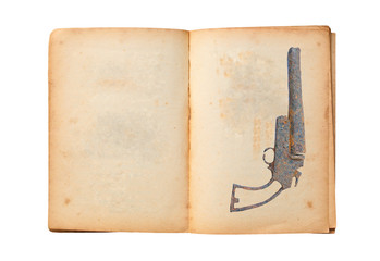 Open old book with image of old rusty gun isolated on white background