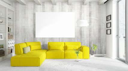 Modern bright interior with empty frame . 3D rendering