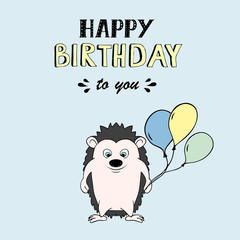 Happy Birthday vector lettering, party illustration with baby hendehoh