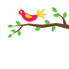 Cute cartoon bird sitting on a birch