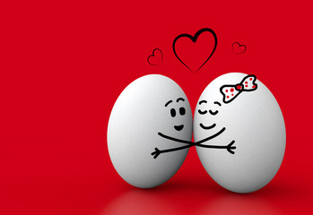 3D render of cute eggs with doodle design depicting hug and love