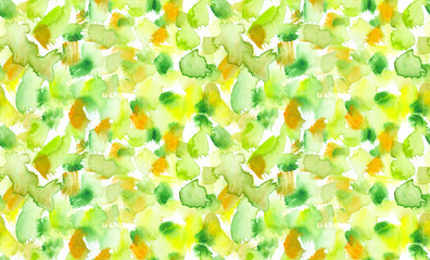 Seamless background pattern with bright green and yellow brush strokes, smears and dots painted in watercolor