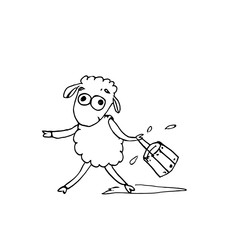 sheep with a bucket of water hand draw sketch, vector