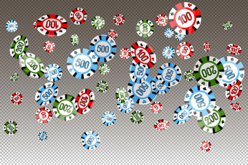 Vector illustration of falling casino chips of different values, the jackpot on a transparent background.