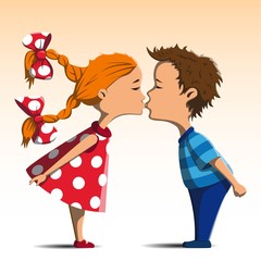 red-haired girl in a red dress with bows and kisses the boy is