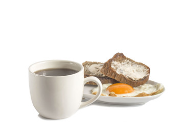delicious breakfast of hot tea with cooked eggs