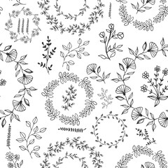 Hand drawn vector flower seamless pattern. Botanic texture, detailed flowers illustrations. Doodle style, spring floral background.
