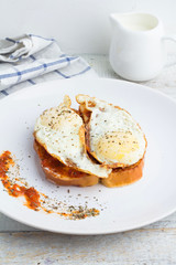 toast and tomato chili sauce in a glass jar closeup