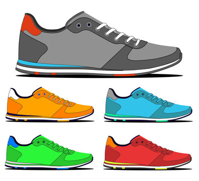 Set of stylish sneakers for training with shadows, vector, illustration