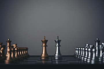King and Knight of chess setup on dark background . 