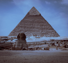 Pyramid of Khafre and Great Sphinx - ancient landmarks of Egypt. Mystical landscape, similar of the...