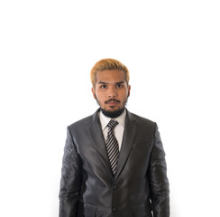 Handsome businessman standing isolated on white background.