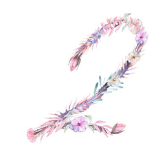 Number ''2'' of watercolor pink and purple flowers, isolated hand drawn on a white background, wedding design, festive and wedding decor and cards