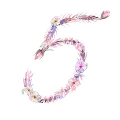 Number ''5'' of watercolor pink and purple flowers, isolated hand drawn on a white background, wedding design, festive and wedding decor and cards