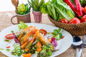 Crab-stick Salad, closeup crab salad with parsley decorated back