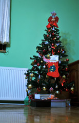 Christmas tree decoration with various colorful and glittering decorations in a small village near Novi Sad, Serbia