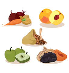 vegetables, peaches, cereal, apples, dried fruit