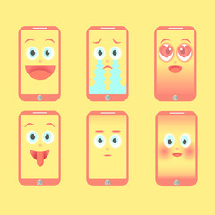 Set telephone Emotion icon on a yellow background. Laughing, crying, love, showing tongue, without emotion, confused
