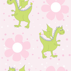 Cartoon dragons in flowers. Childish bright floral pattern in vector