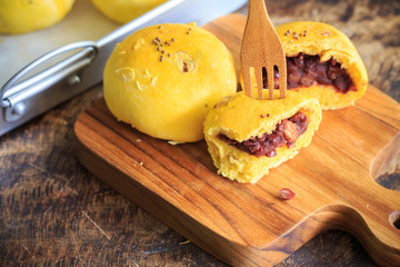 Homemade bread pumpkin bun with red bean