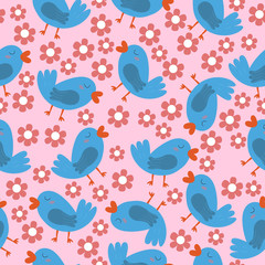 Birds. Seamless pattern with cute little birds and flowers