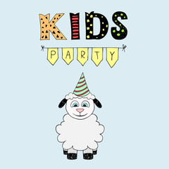 Kids Party vector lettering, party illustration with baby lamb