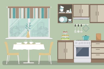 Kitchen in a green color. There is a beige furniture, a stove, a table with chairs, a window and other objects in the picture. Vector flat illustration