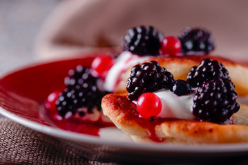 .cottage cheese pancakes with fresh berries and cream sauce