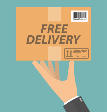 Free delivery concept. Hand holding cardboard package with delivery signs, free delivery text and barcode on it. Flat design