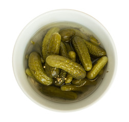 Homemade Pickled Gherkins or Cucumbers in White Round Bowl