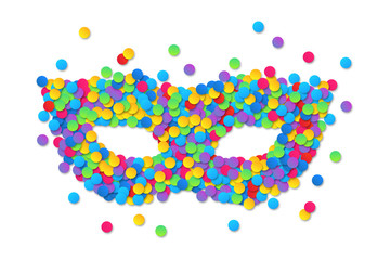 Colorful round confetti carnival mask silhouette isolated on white background