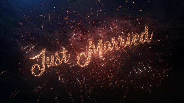 Just Married wedding celebration greeting text with particles and sparks on black night sky with colored fireworks on background, beautiful typography magic design.