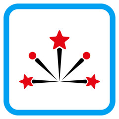 Fireworks Bang vector icon. Image style is a flat icon symbol in a rounded square blue frame.