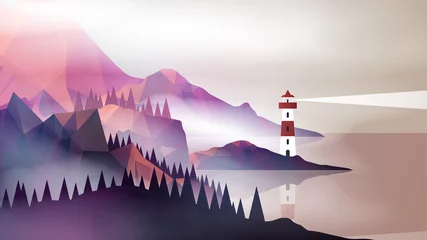 Poster Lighthouse with Navigation Light and Mountain Fog on a Coast - V © inbevel