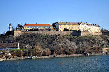 Fototapeta na wymiar The view from Varadin bridge on the international river the Danube and the fortress which is made in the 1780 year, on the coast of capital city of province Vojvodina Novi Sad, Serbia